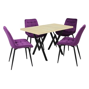 Set masa cu 4 scaune bucatarie Onix & Arta fixa, 5 piese, Mov- Stejar
