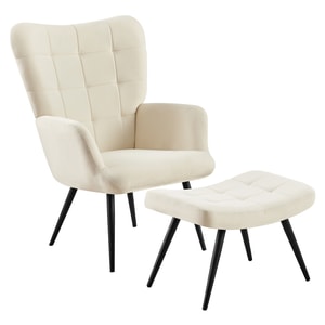 Fotoliu cu taburet, crem, picioare din metal, negre, tesatura de calitate, design modern si confortabil, living, dormitor, 70x78x97 cm