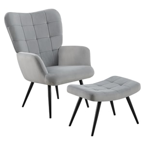 Fotoliu gri, cu taburet inclus, tesatura de calitate, picioare din metal, negre, design modern si confortabil, living, dormitor, 70x78x97 cm