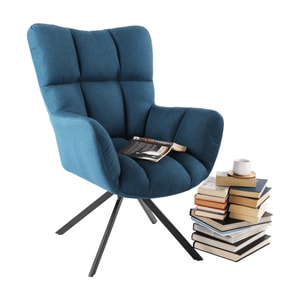 Fotoliu de design, albastru, moale, tapitat, picioare din metal, negre, rotabil, elegant si modern, living, dormitor, birou, 67x72x97 cm