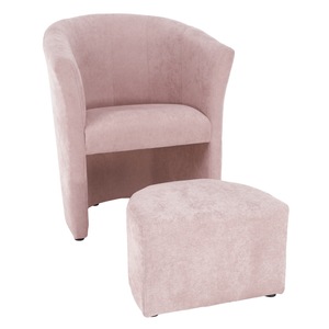 Fotoliu cu taburet, roz pudra, tapitat, de design, living, dormitor, club, PAL, MDF, 66x60x77 cm
