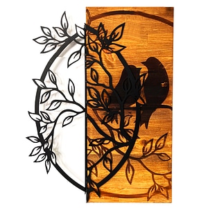 Decoratiune de perete Deco Art Studio Casa, Lemn si metal, Design Vrabiute, 42 x 58 x 3 cm, Maro nuc/Negru