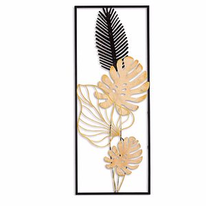 Panou metalic decorativ perete 3D Deco Art Studio Casa, 90 x 32 cm, Frunze, Auriu / Negru