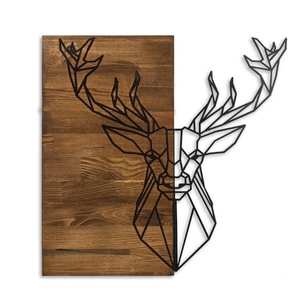 Decoratiune de perete Deco Art Studio Casa, Lemn si metal, Design Cerb, 56 x 58 x 3 cm, Maro nuc/Negru
