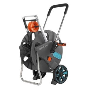Carucior pentru furtun GARDENA, din plastic si metal, cu roti de transport, dispozitiv anti-picurare
