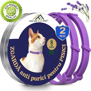 Zgarda Fish & Paws, anti purici pentru pisici, reglabila si respirabila, compozitie naturala cu esenta de lavanda, ofera siguranta si protectie timp de 8 luni, 2 Bucati, Mov