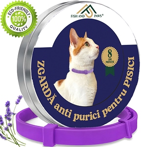 Zgarda Fish & Paws, anti purici pentru pisici, reglabila si respirabila, compozitie naturala cu esenta de lavanda, ofera siguranta si protectie timp de 8 luni, 2 Buc, Mov