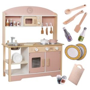 Bucatarie Pentru Copii, Din Lemn, Plita cu 2 Arzatoare, Cuptor, Chiuveta, Spatiu  Depozitare, Cuptor Microunde, Accesorizata Complet, 85Cm Inaltime, Alb/Roz