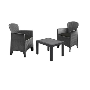 Set mobilier gradina, realizat din polipropilena, masa si doua scaune, cu perne, 59 x 46 x 40 cm, negru