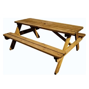 Set masa dreptunghiulara pentru gradina DacEnergy, din lemn masiv de rasinos, 1 masa si 2 banci, 160 x 55 cm, 6 persoane