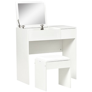 Set masuta de toaleta pentru machiaj cu oglinda si scaun HomCom, 80x40x79cm,  PAL/Piele, Alb