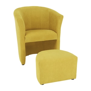 Fotoliu cu taburet, mustar, tapitat, living, club, dormitor, PAL, MDF, design modern, 66x60x77 cm