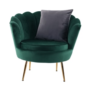 Fotoliu scoica, in stil art-deco, verde inchis, picioare din metal, aurii, catifea, de design, prelucrare moderna, living, dormitor, 77x77x76 cm