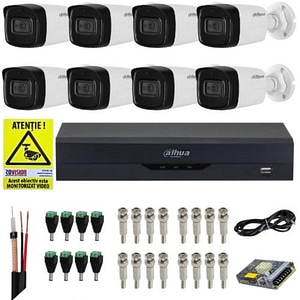 Kit supraveghere Dahua 8 camere 4K, 8MP, IR 80m, Microfon, DVR 8 canale 4K 8MP Audio, Functii AI, accesorii,  Autocolant Rovision