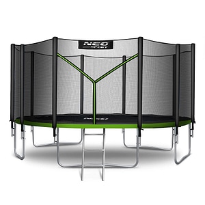 Trambulina de gradina Neo Sport, cu plasa de exterior, scara metalica, 3 trepte, 5 picioare duble, 90 arcuri de prindere, diametru 465 cm, negru si verde