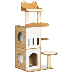 Ansamblu de pisica PawHut, 60x48x133 cm, MDF, alb si stejar