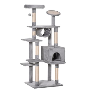 Loc de joaca pentru pisici PawHut, 60x50x165 cm, MDF/Plus, Gri/Bej