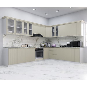 Set bucatarie Colt cu soft-close si fronturi MDF Badenmob, seria Space, 300/250cm, Crem, montaj reversibil