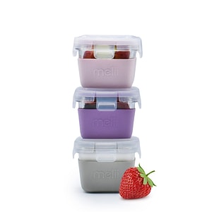 Set 3 recipiente alimente Melli, Material sticla, Cu husa antiderapanta din silicon, Capacitate 3 x 160 ml, Roz/Mov/Gri
