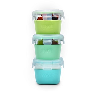 Set 3 recipiente alimente Melli, Material sticla, Cu husa antiderapanta din silicon, Capacitate 3 x 160 ml, Albastru/Mint/Lime