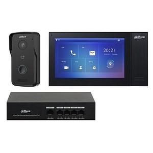 Kit videinterfon TCP/IP cu control acces Dahua KTP02, camera WDR, audio bidirectional, IP 65, ecran 7 inch, slot micro SD, PoE, switch 5 porturi
