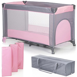 Patut de Voiaj si Tarc de Joaca 2in1 Multifunctional KiddoTrip Pliabil, Intrare cu Fermoar, Plasa Transparenta, Saltea Pliabila, 2 Roti cu Frana, Organizator, Geanta Transport, Pink
