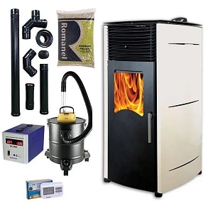 Set soba pe peleti KOPH PD, 8 kW, cu aer cald, buncar peleti 8 kg, Crem