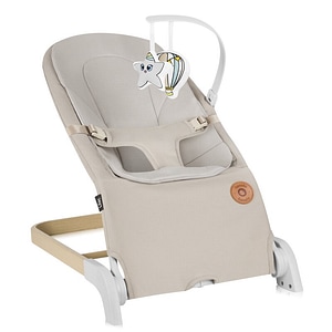 Fotoliu balansoar Lionelo, Lilac, Cu arcada cu jucarii, Ergonomic, Reglare spatar in 3 pozitii, Pernuta moale invelita in tesatura de bambus, Pliabil, 0-6 luni, Bej