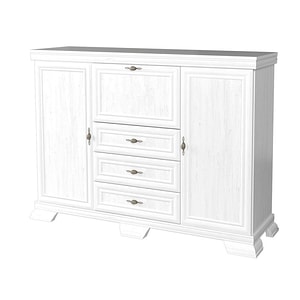 Comoda living VM6P DRIMUS, o usa rabatabila pentru bar, 2 usi fixe, 3 sertare, insertii MDF, 158 x 46 x 117 cm, Alb antichizat