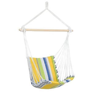 Hamac tip scaun DacEnergy, confectionat din bumbac si poliester, bara din lemn, 104 x 56 cm, greutate suportata 120 kg, galben si albastru