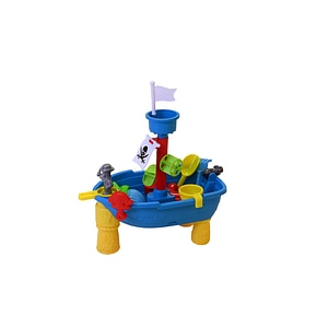 Masuta pliabila de joaca cu nisip si apa pentru copii Knorr Toys, include lopatica, multiple forme pentru nisip, 2 cadite pentru apa, 51x31,5x58 cm, 3 ani+, Corabia Piratilor