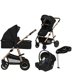 Carucior 4 in 1, Lionelo, Amber, Landou intarit si salteluta, Scoica auto, Baza isofix pentru scoica, Pana la 22 kg, EN1888-1 EN1888-2 EN1466 ECE R129, Negru onyx