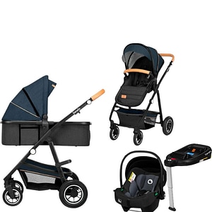 Carucior 4 in 1, Lionelo, Amber, Landou intarit si salteluta moale, Scoica auto, Baza isofix pentru scoica, Pana la 22 kg, EN1888-1 EN1888-2 EN1466 ECE R129, Albastru