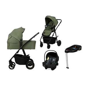 Carucior 4 in 1, Lionelo, Amber Plus, Pana la 22 kg, Landou intarit si salteluta, Cu scoica auto testata ADAC, Baza isofix pentru scoica, EN1888-1, EN1888-2, EN1466, Verde
