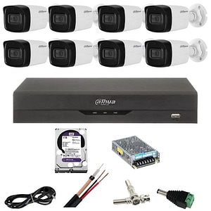 Kit de supraveghere Dahua cu 8 camere de 5 Megapixeli, Infrarosu 80m, Lentila 2.8mm, Microfon DVR cu 8 canale, Hard Disk 2 TB,  Accesorii