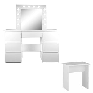 Masa de toaleta/machiaj + Taburet Artool, alb, cu oglinda si LED-uri, Vanessa, 130x43x143 cm