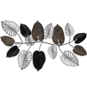 Panou metalic decorativ perete 3D, Deco Art Studio Casa, 120 x 61 cm, Frunze, Argintiu / Negru
