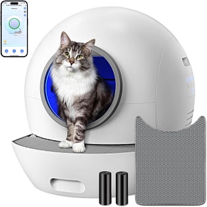 Litiera automata Giftry, Smart, 60L, Functie inteligenta autocuratare, Sterilizare, Eliminare mirosuri, Indicator LED, Control prin aplicatie, Covoras special, Alb/Gri