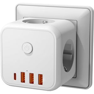 Adaptor priza  Giftry, 7 in 1, 3 x prize (4000W), 3 x USB, 1 x Type-C, Cu intrerupator, Alb