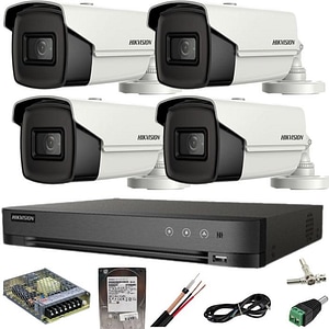 Sistem supraveghere Hikvision 4 camere 8MP, IR 80M, DVR 4K AcuSense cu accesorii incluse si HDD 1TB
