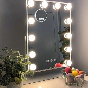 Oglinda Machiaj Elindor cu 12 Lumini LED, Culori Reglabile, Zoom 10X,  Baza Solida, Rotatie 360 , pentru Dormitor sau Salon, Alb