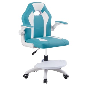 Scaun rotativ pentru birou, albastru, alb, cu suport pentru picioare, piele ecologica, inaltime ajustabila, potrivit atat pentru copii cat si pentru tineri, 59x53x87-97 cm