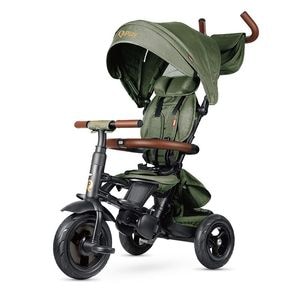 Tricicleta pentru copii QPlay Rito Deluxe Olive Green, pliabila, cu scaun inalt, matlasat, ajustabil in 2 pozitii, copertina XXL, detalii de piele ecologica