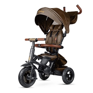 Tricicleta pentru copii QPlay Rito Deluxe Maro, pliabila, cu scaun inalt, matlasat, ajustabil in 2 pozitii, copertina XXL, detalii de piele ecologica