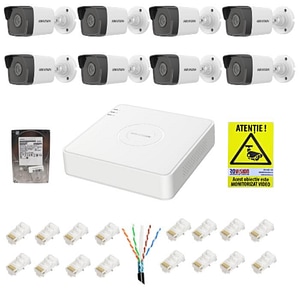 Kit supraveghere IP Hikvision 8 camere 2MP, IR 30m PoE, Lentila 2.8mm, NVR 8 canale 6MP PoE, accesorii montaj, HDD 2TB, Autocolant Rovision