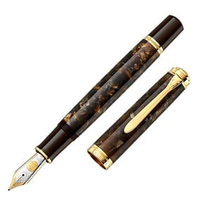 Stilou Pelikan, Souveran M1000, Renaissance Brown, Penita F, Aur 18K, Accesorii placate cu aur, Corp Maro Marmorat, Cu cutie inclusa