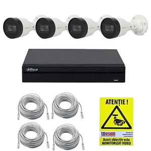Kit IP Dahua 4 camere 2MP, IR 30m PoE, NVR 4 canale PoE 12MP, cabluri,  Autocolant Rovision