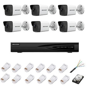 Sistem de supraveghere complet cu 6 camere IP, 4MP, lentila 2.8mm, IR 30m, NVR cu 8 canale IP cu rezolutie 4k, accesorii