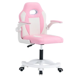 Scaun rotativ, roz, alb, piele ecologica, plastic, metal cromat, roti universale, inaltime ajustabila, cotiere rabatabile, design modern, 59x53x87-97 cm