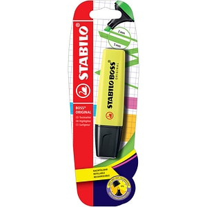 Textmarker Stabilo, Boss Original, corp plastic in culoarea cernelei, varf retezat, 2-5 mm, galben, blister